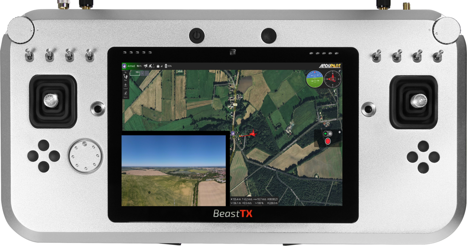 BeastTX ground control station seen from the front: mission map with a video picture-in-picture on the display, two gimbal sticks, button clusters and two antennas