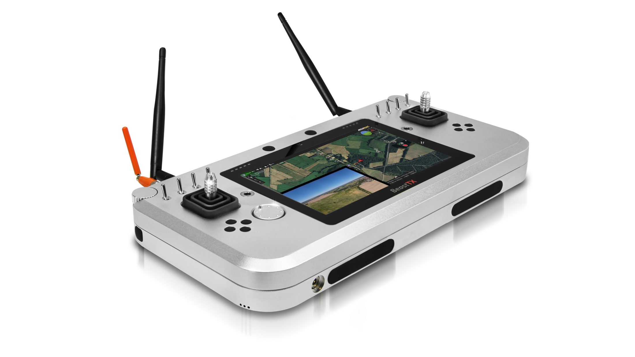 BeastTX tactical ground control station: machined aluminium housing, dual sticks, removable antennas and a sunlight-readable display showing a moving map with a live video inset