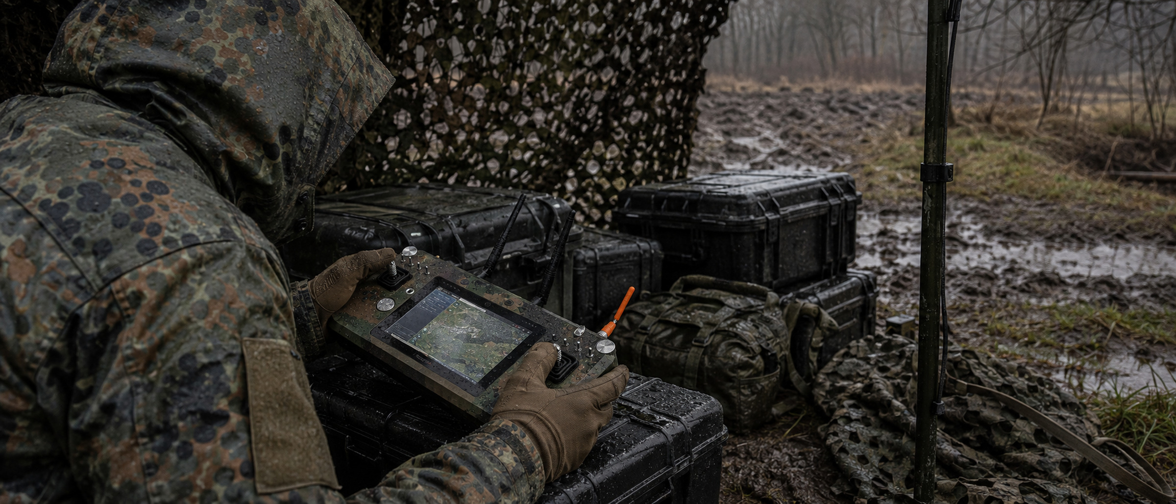 Operator working the BeastTX at a camouflaged field position in the rain, transport cases stacked beside it