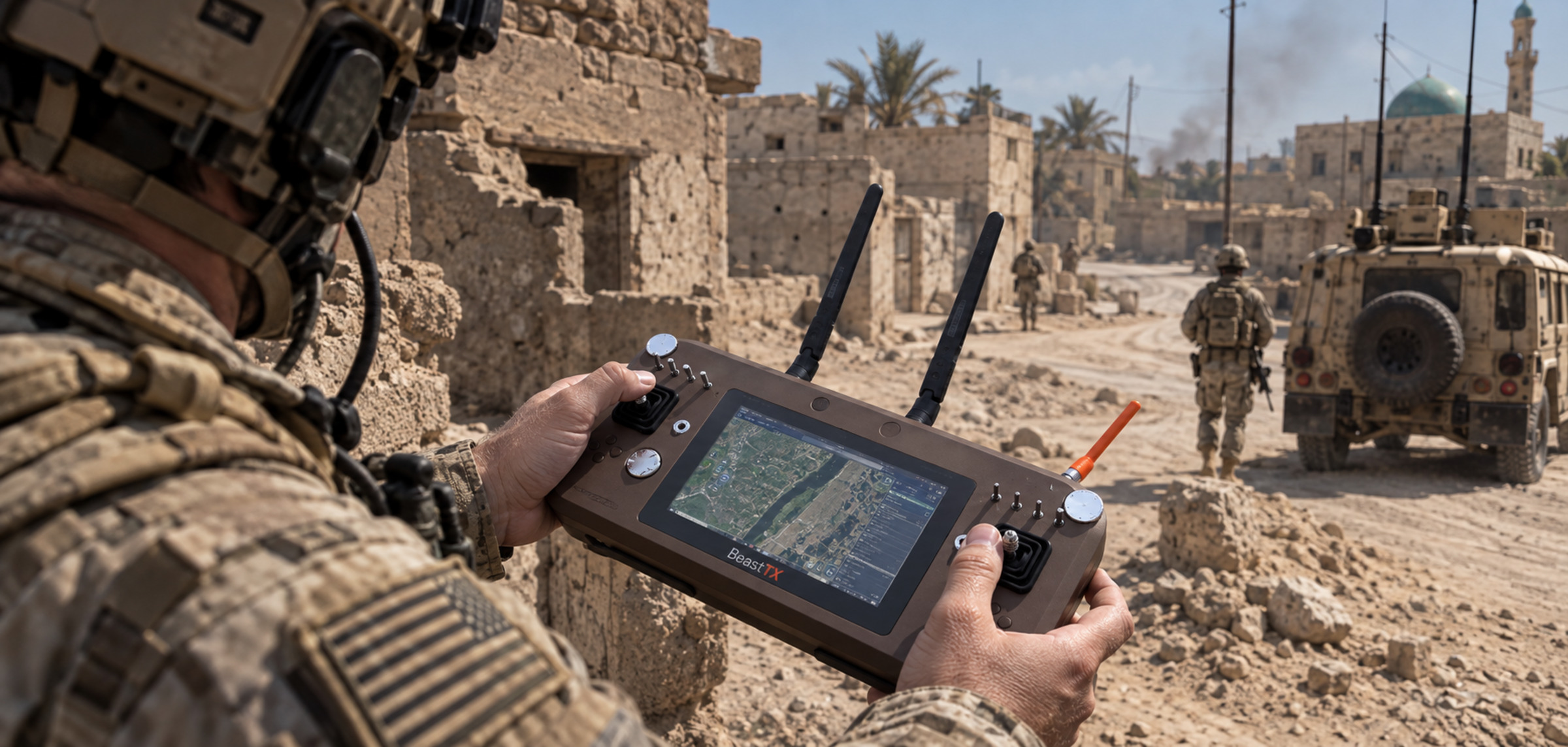Operator watching the BeastTX display during an urban patrol, vehicle and dismounted team in the background